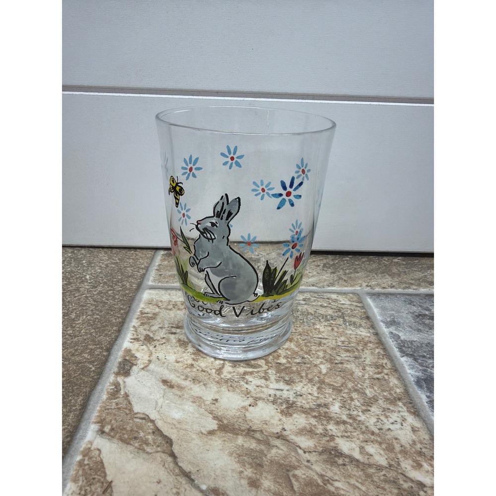 Molly Hatch for Anthropologie Good Vibes Bunny Glass Tumbler Clear Floral 4.5"
